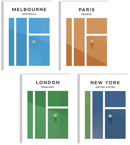 Tennis Poster Set Städte Wandbilder Sport Kunst Minimal Design Melbourne Paris London New York Wanddeko Wohnzimmer Büro Fitnessraum