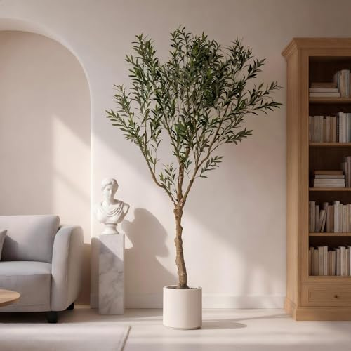 6.56FT Artificial Olive Tree for Indoor Home Decor, Tall Faux Silk Plant with Numbered Easy Assembly Branches, Heavy Cement-Filled Base, Lifelike Leaves & Vivid Moss for Living Room