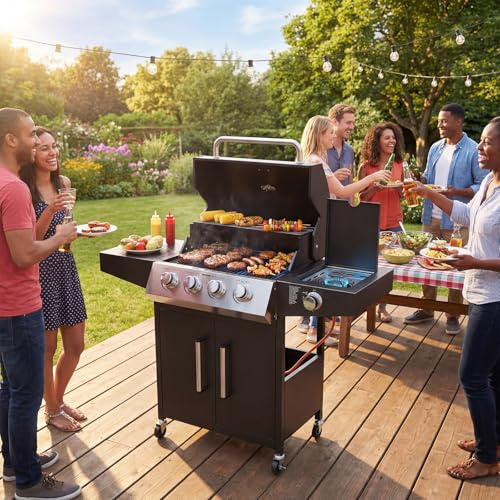 Bonnlo 5 Burner Propane Gas BBQ Grill with Side Burner & Enameled Cast Iron Grates, 58000 BTU Barbecue Grill with Wheels, Built-in Temperature Gauge for Outdoor Patio Backyard Cooking Grilling