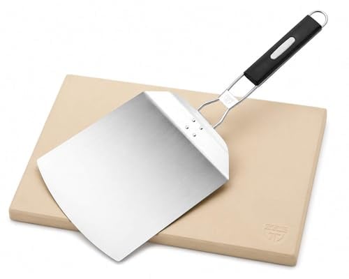 GRÄWE Pizza Set 2-teilig, Pizzastein, Pizzaschieber, Pizzazubehör, Pizzaofen, Backofen, Grill, Gasgrill, Cordierit, Backstein, Brotbackstein, Flammkuchenstein, Edelstahl, knuspriger Boden
