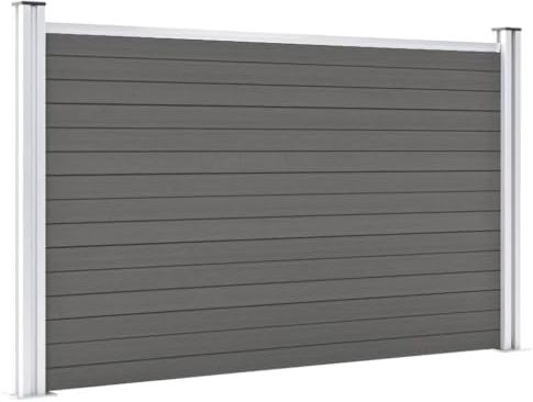 WPC Gartenzaun-Paneel Set Grau 180x105 cm, 9 WPC-Platten, 2 Pfosten, 2 Stahlsockel, 1 Aluminiumstange, Sichtschutzzaun mit Holzmaserung, beidseitig bedruckt, Aluminium-Oberprofil,