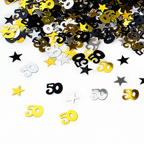 Oblique Unique® 50. Geburtstag Jubiläum Konfetti Gold Silber Schwarz Sterne Tisch- Konfetti mit Spiegeleffekt - über 500 Stück