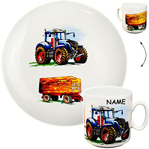 alles-meine.de GmbH 2 TLG. Set großer Teller/Kinderteller + Henkeltasse - Traktor - Trecker mit Anhänger - Bauernhof - inkl. Name - aus Porzellan/Keramik - Tasse - Spei..