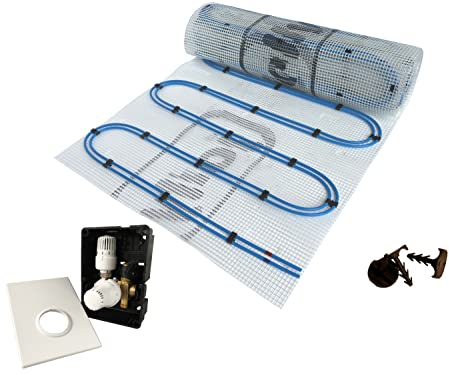 Dünnbett Warmwasser Fußbodenheizung HoWaTech Duo Komplett Set 2,5-20m² Doppelrohr Heizmatte 80 W/m² und Regelbox TH-RTL, Heizfläche:5.00m²