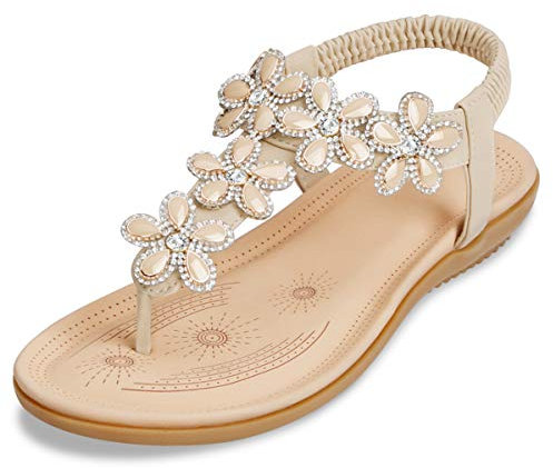 ZOEREA Women's Flat Sandals, T-Strap Rhinestone Flower Bead Sandals, Ladies Summer Folk Boho Clip Toe Flip Flops Shoes, Apricot 3, 7 UK