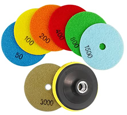 SHDIATOOL Dry Diamond Polishing Pads 7pcs Set Mixed Grits And A M14 Plastic Pad Attachment For Granite Marble Stone Ceramic Dia 4 Inch 100mm