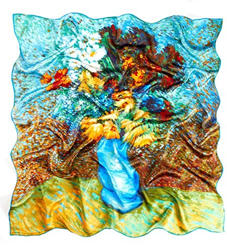 Prettystern Damen Seidentuch 90cm Quadratisch Kunstdruck van Gogh Blumen in blauer Vase P706