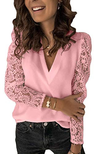 Onsoyours Femme Chemisiers Dentelle Col en V Manche Longue Blouse Couleur Unie Lâche Casual Hauts Élégant Chic La Mode Tops T-Shirt Rose 48