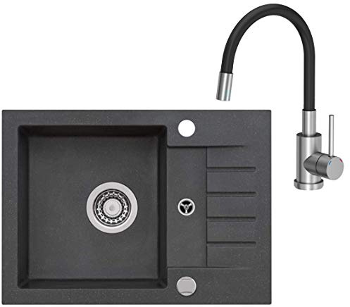 VBChome Spüle Schwarz 58 x 42 cm mit Spültischarmatur Granit Einzelbecken Einbauspüle gesprenkelt flexibel reversibel Verbundspüle + Siphon Wasserhahn Einhebel