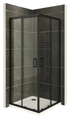 Mampara de Ducha Diana 90x90x190cm, REVERSIBLE, Puertas Correderas, Ajuste 87.5-89.5x87.5-89.5cm, Perfiles Negros, Cristal Templado Transparente 6mm