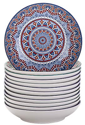 Tafelservice Suppenteller porzellan, vancasso MANDALA 12 teiliges Tiefteller Set, Suppenteller Ø 20,8 cm, Geschirr Tellerset Suppenschalen, böhmischer Stil, 700ml