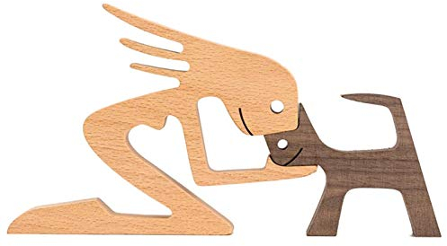 HUANRU Neueste Holzfiguren Skulptur Ornamente Set, abstrakte Stil Menschen mit Hund Statue, Freundschaft Zwischen Hund Und Menschen Denkmäler Statue Für Männer Frauen Jungen Mädchen Alte Leute