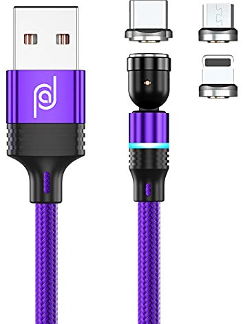 JJA Magnetic Charging Cable 3 in 1, 360°&180° Rotation Magnetic Phone Charger, 3A Nylon Braided Detachable Fast Charger, Type C, I-Connector (Purple, Single Pack)