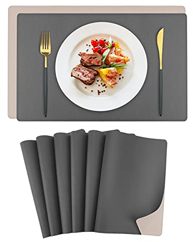 Toprance Platzsets 6er Lederoptik Zweifarbig Abwischbar Tischset PU Leder Dunkelgrau Beige Platzdechcken 42x30cm für Hause Küche Restaurant und Hotel