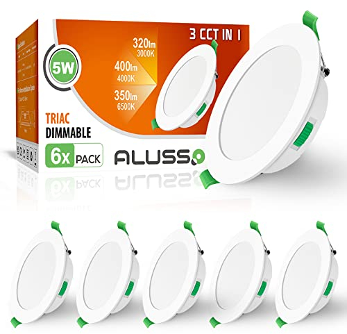 ALUSSO LED Downlights Ultra Slim 5W LED Recessed Ceiling Lights Dimmable,Warm White 3000K Neutral White 4000K Cool White 6500K Adjustable,IP44 Round Spotlights for Bathroom Kitchen Living Room,6 Pack