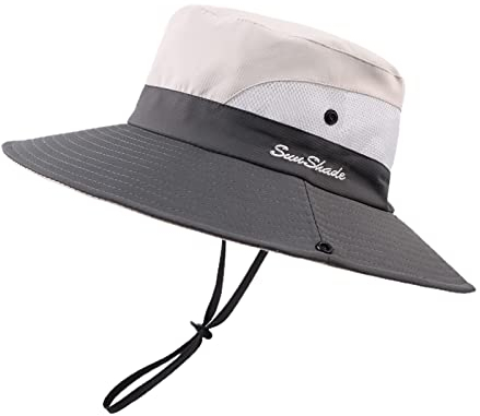 Pesaat Sonnenhut Damen UV Schutz Fischerhut knautschbarer Wasserfester Sommerhut mit Kinnband gartenhut Boonie hat damenfür Gartenarbeit Reisen Wandern Angeln (Beige-Grau, Gr.Erwachsener)