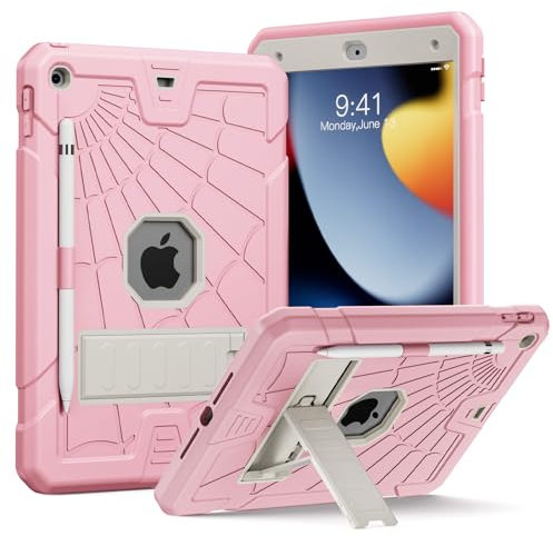 New Herize iPad 10.2 Case 9th/8th/7th Generation for Kids Boys Girls | Protective 10.2 inch iPad Case 2021/2020/2019 with Pencil Holder | Shockproof iPad Case 10.2 with Kickstand-Pink & White
