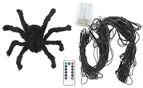 Fdit Fernbedienung Halloween Spinnennetz Lichter Dekorationen Batteriebetriebene Beleuchtete LED Spinnennetz Lichter für Indoor Outdoor Wand Tür Yard Patio Party(Warmweiß)