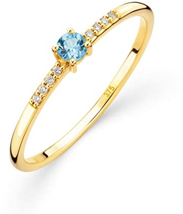 OROVI Damen Goldschmuck, Gold Ring, Solitaire Blautopas und 8 Diamanten 0.03 ct., Verlobungsring, Edelsteine, Geburtsstein, 9 Karat (375) Gelbgold