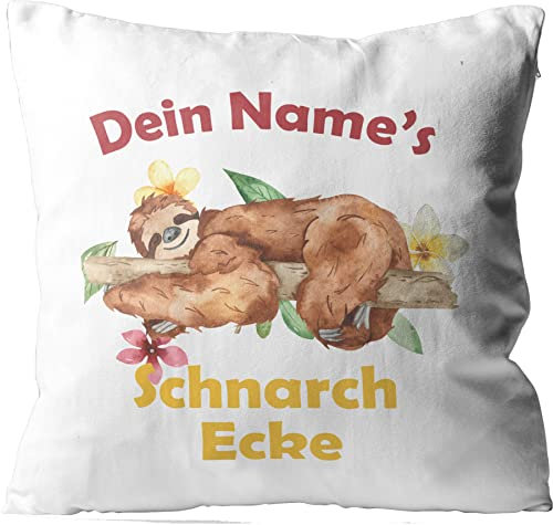 WarmherzIch Kissen Dein Name Schnarchecke - Kissenbezug mit Füllung, 45cm - Kissenhülle aus Baumwolle - Geschenk Wunschname Sofa Couch Faultier