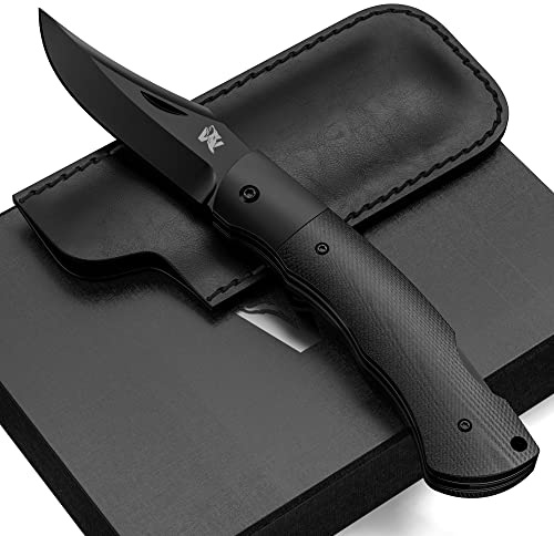 ODENWOLF VIRUM Zweihand-Klappmesser - Ein echter Gentlemen Folder mit hochwertigem G10 Griff - Taschenmesser Holzgriff - Edles Survival Outdoor Messer - Zweihandmesser inkl. Echt-Leder Tasche