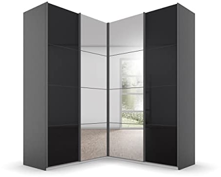 Rauch Möbel Quadra Schrank Eckschrank Schwebetürenschrank, Grau metallic/Glas basalt, Schwarz, 4-trg. mit Spiegel, inkl. 2 Kleiderstangen, 12 Einlegeböden, BxHxT 181x229x187 cm