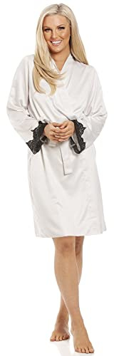 Camille Womens Luxury Short Wrap - Ladies Antique Satin Dressing Gown - Comfortable & Breathable Summer Nightwear with Black Floral Lace Ivory 18-20