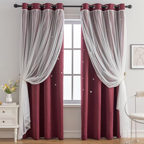indistar Verdunkelungsvorhänge mit Sternausschnitt, für Kinder, für Mädchen, Schlafzimmer, Fenster, Raum, verdunkelnde Vorhänge und Vorhänge, 132x213 cm, weinrot)