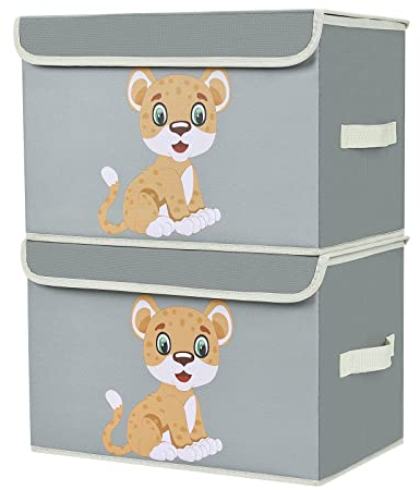 DIMJ 2 Stück Kinder Aufbewahrungsboxen mit Deckel, Große Spielzeugkiste, Aufbewahrungskiste mit Griffe, Faltbox für Kinderzimmer, Bücher, Kleidung, Spielzeug (Leopard Grau)