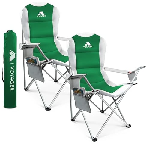 VOYAGER 2 Pack Outdoor Camping Chair Set,120kg Capacity, 3.3kg Per Chair, Waterproof Folding Chairs with Cup Holder & Side Pockets, Portable Chairs for Garden, Fishing, Picnic Camping & Travel Comfort