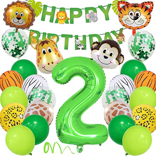 2 Geburtstag Deko Junge Mädchen, Wilde Waldtiere Dschungel Kindergeburtstag Deko 2. Jahr mit Safari Tier Luftballons, Happy Birthday Banner Zahlen Ballon 2 für Kinder Wild One Geburtstagdeko