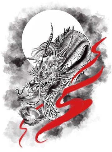 x3 Tatouage Éphémère Dragon d'Asie - 1 lot de 3 Feuilles de tatouage temporaire traditionnel | Bras, dos, mollet, cuisse, jambe | Noir et Rouge | Homme, Femme - TATTOO YOUR STYLE