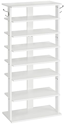 HOOBRO 8-lagiges Schuhregal, schmales Schuhablage, 50 cm Schuhschrank mit 2 Haken, Ablagegestelle, platzsparend, Eingang, Wohnzimmer, Weiß EWT750XJ01