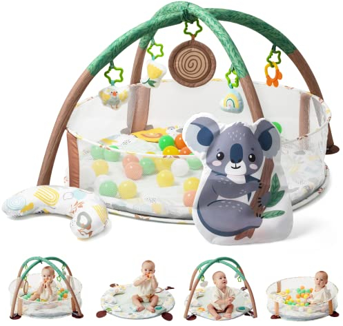 Lupantte 4 en 1 Tapis d'Éveil pour Bébé avec Parc,2 Tapis Remplacables,Piscine avec 40 Balles & Jouets Sensoriels, Clôture Amovible Antidérapant,Développement Visuel, Auditif,Tactile et Cognitif