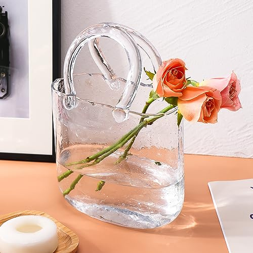 Fixwal Glass Purse Vase for Flowers, Clear Bag Vases with Handle, Unique Cute Handbag Shape Decorative Flower Vases with Fish Bowl for Centerpieces Home Table Shelf Decor Birthday