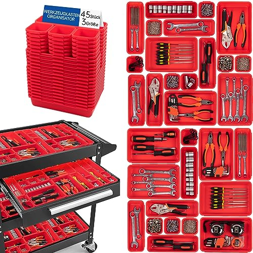 Giklux Set de 45 Cajas Organizadoras Cajones,Cajas Herramientas Almacenaje Plastico,Herramientas Mecanico Tornillos Accesorios y Piezas Pequeñas Organizador,Adecuado Aara Taller Mecanico,Cochera,rojo