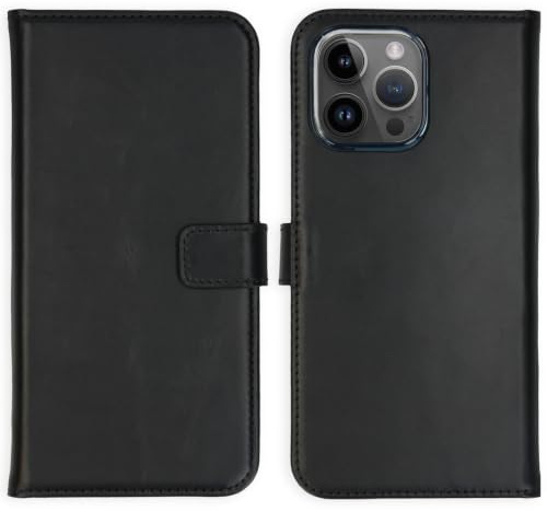 SELENCIA Bookcase Hülle kompatibel mit iPhone 15 Pro Max – Era Leder Handytasche Side Flip Case – Handyhülle aus Rindsleder in Schwarz [3 Kartenfächer, Magnetverschluss]