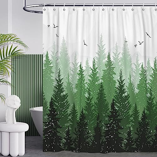 GCIREC Smaragdgrün Nebel Wald Duschvorhang, Kiefer Nebel Wald Wald Berg Natur Badezimmer Vorhang Home Decor Wasserdichtes Gewebe Maschine Waschbar mit 12 PCS Haken,180x200cm