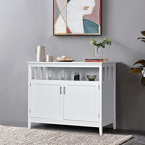 GIANTEX Küchenschrank Buffetschrank Küche, Küchenbuffet Sideboard mit offener Ablage & 2 Türen, Aufbewahrungsschrank Kommode Holz mit verstellbarem Regal, Staufschrank 114 x 51 x 91 cm weiß