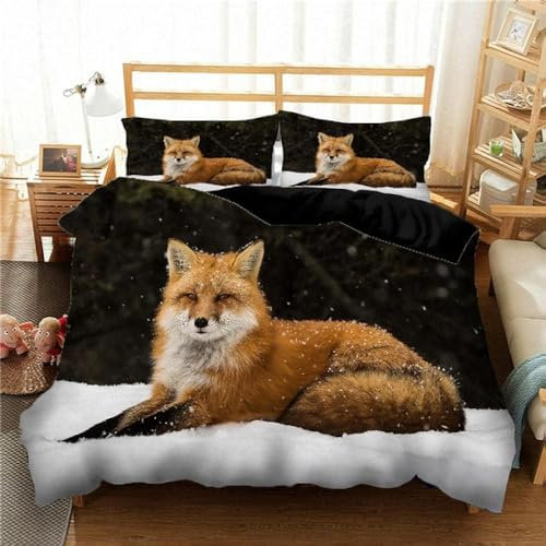 Pechiwuo Bettwäsche 135x200 cm Fuchs Bettwäsche-Set Winter Bettbezug Weiche Mikrofaser Bettzeug Set 3D Süßer Fuchs Kinderbettbezug 135x200 cm + 2 Kissenbezug 80x80 cm H332