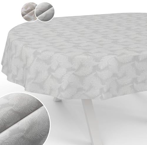Tischdecke Stoff abwaschbar Lurex Tischtuch Tafeldecke Teflon beschichtet pflegeleicht Lotuseffekt schmutz- & wasserabweisend Kate Floral Blätter Oval 180x140cm Schnittkante Silber