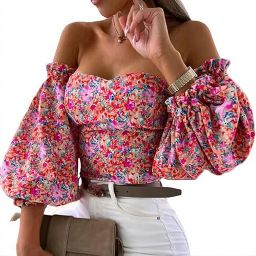 WXLPCGO Camicia Donna Elegante Camicetta Bianca con Top Crop con Stampa Floreale.-Fucsia-M