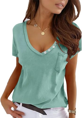 Imily Bela T-Shirt à Manches Courtes pour Femme - Col en V - Sexy - Haut d'été - Tunique décontractée, Vert Clair, L