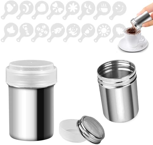 Huamirra Edelstahl Pulverstreuer, 2 Stück Schokoladenstreuer, 16 Kaffeevorlagen Set, für Sirup, Sahne, Puderzucker, Kakao, Cappuccino, für Küche, Getränke, Backen,Bagger, Power Dose zum Backen