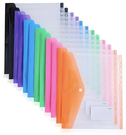 Dokumententasche A4 Abheftbar 12 Stück, 6 Farben Dokumententasche mit 11 Lochrand und Etikettentasche, Transparent Dokumentenmappe A4 zum Abheften für Dokumente Organisiere