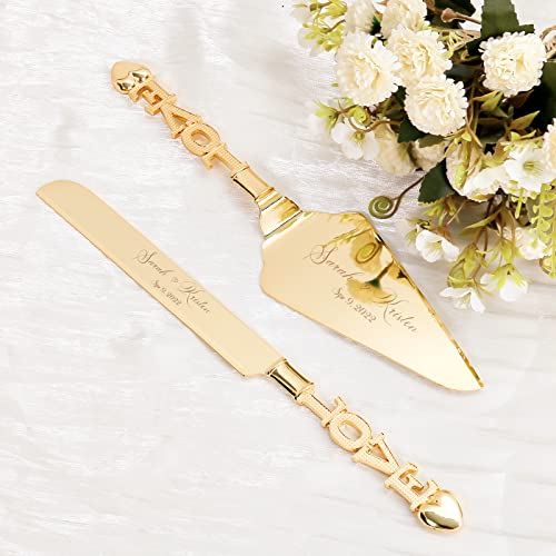 Cake Cutting Set for Wedding, Personalized Gold Cake Knife and Server Set, Custom Cake Serving Set, Engraved Pastry Pie Server Cake Pizza Cutter, Christmas Birthday Bridal Gift (Love)
