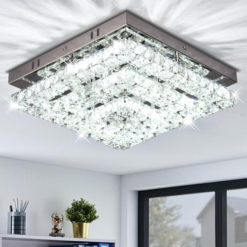 Cainjiazh 11.8” Kristallen kroonluchter LED kristal inbouw plafondlamp Moderne Kristallen Kroonluchters Vierkante Plafondlamp voor Slaapkamers Hal Keuken Kantoor Koel Wit Zonder Afstandsbediening