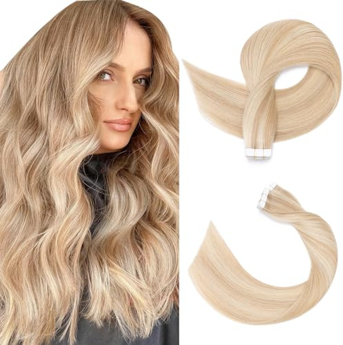 SEGOHAIR Invisible Tape Extensions Echthaar, 40.6cm Tape Klebe Unsichtbare Tape Extensions Echthaar 10 Stück Echthaar Extensions Tape Glatte Natürliche Haarverlängerungen –Dunkelblond mit Bleichblond
