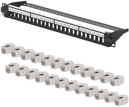 hb-digital Patchpanel 24 Port 1HE Netzwerk Patchfeld mit 24x CAT 7 Keystone Modulen RJ45 Buchsen für Ethernet LAN Kabel 10 Gbit geeignet 19 Zoll Rackmontage Netzwerkschrank - Schwarz