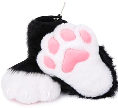ZFKJERS Set di accessori per costume da adulto, con artigli in plastica, per cosplay, animali, zampe, scarpe con zampa pelosa, pantofole e accessori per costume (nero-bianco)